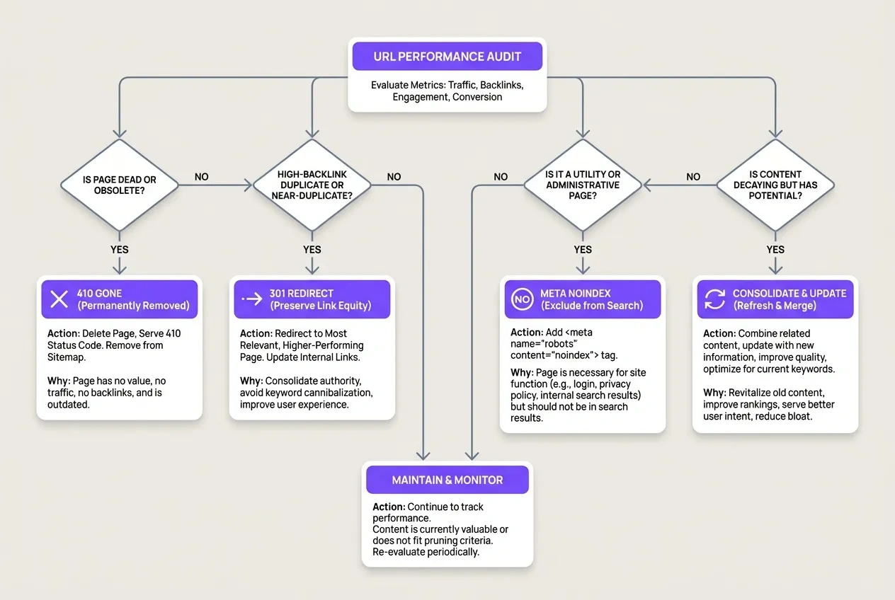 Flowchart diagram outlining the content pruning decision matrix for technical SEO
